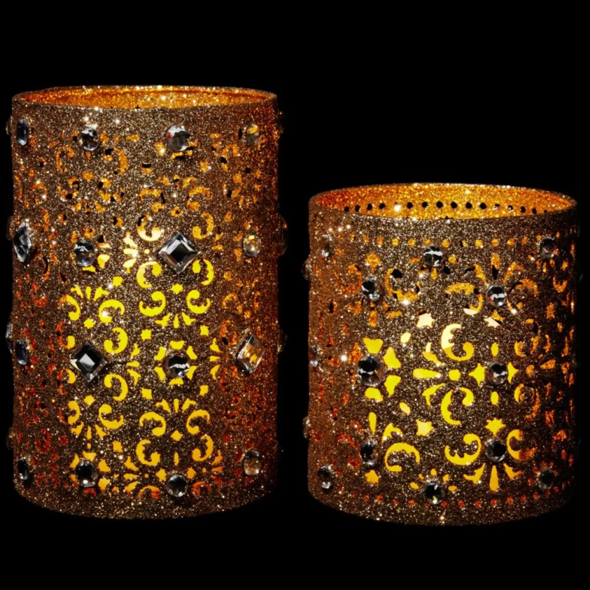 august & leo Indoor Decor | Jeweled Glitter Hurricanes With Led Candles 2-Piece Set