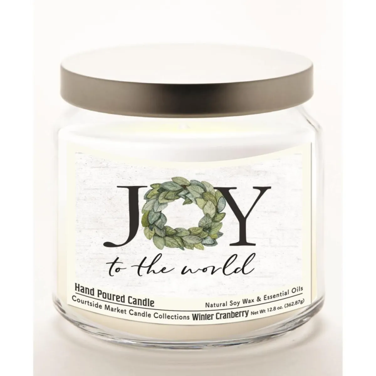 Courtside Market Candles | Joy To The World Candle In Glass Jar With Silver Lid