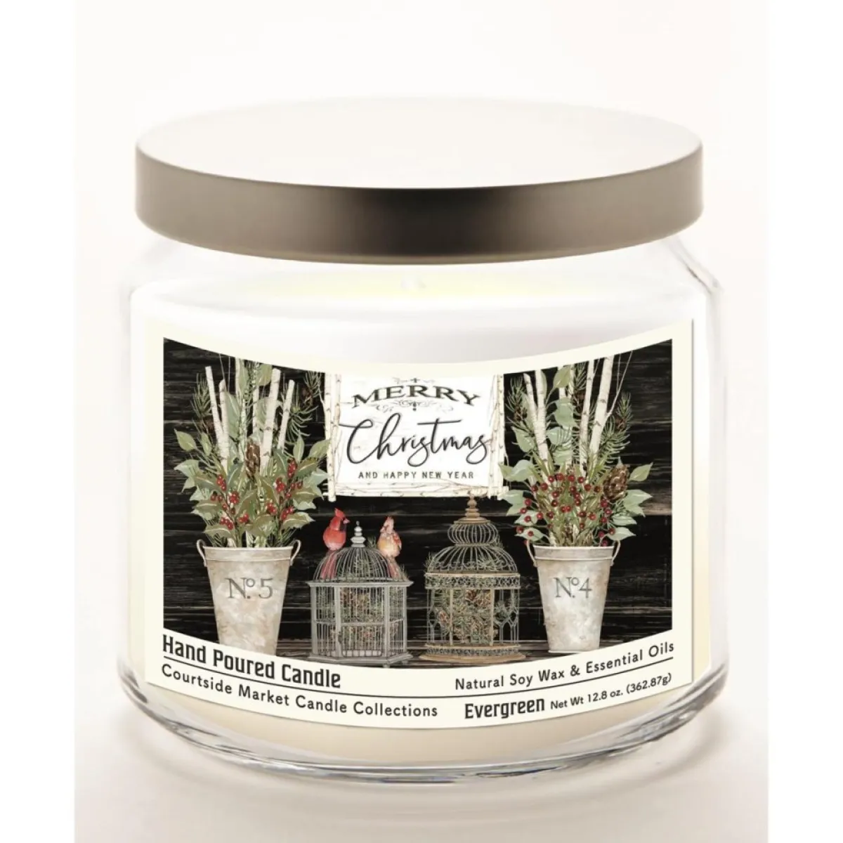 Courtside Market Candles | Merry Christmas Cardinals Wax Candle With Brushed Lid