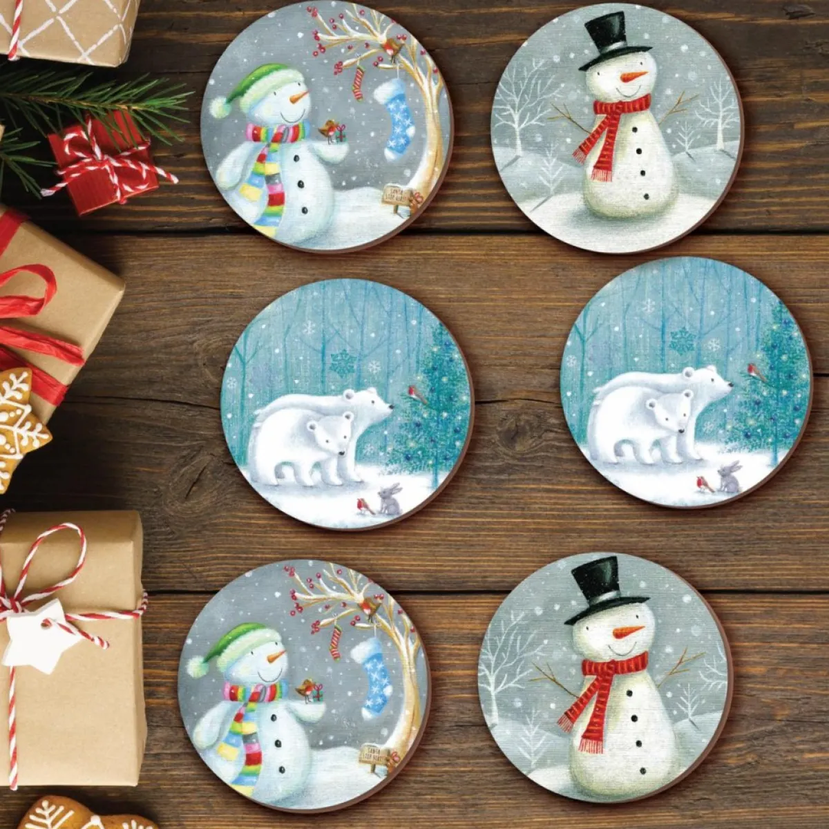 Courtside Market Holiday Entertaining | Snowman & Polar Bear 6-Piece Ceramic Coaster Set
