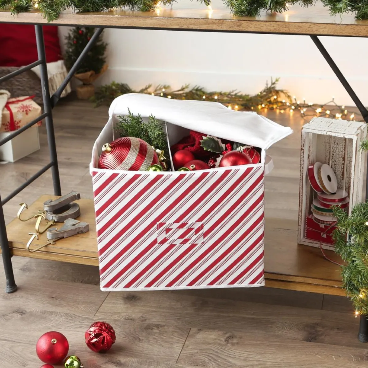 Design Imports Storage | Holiday Candy Stripe Print Ornament Storage Bin, Large