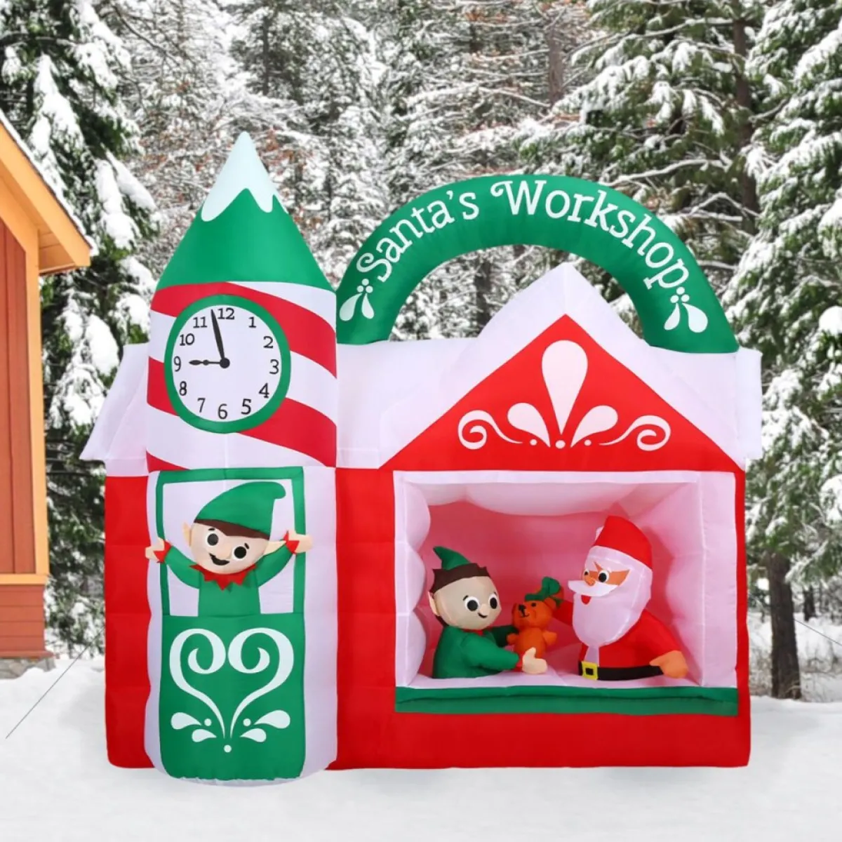 Fraser Hill Farm Outdoor Decor | 7-Ft. Pre-Lit Inflatable Santa's Workshop
