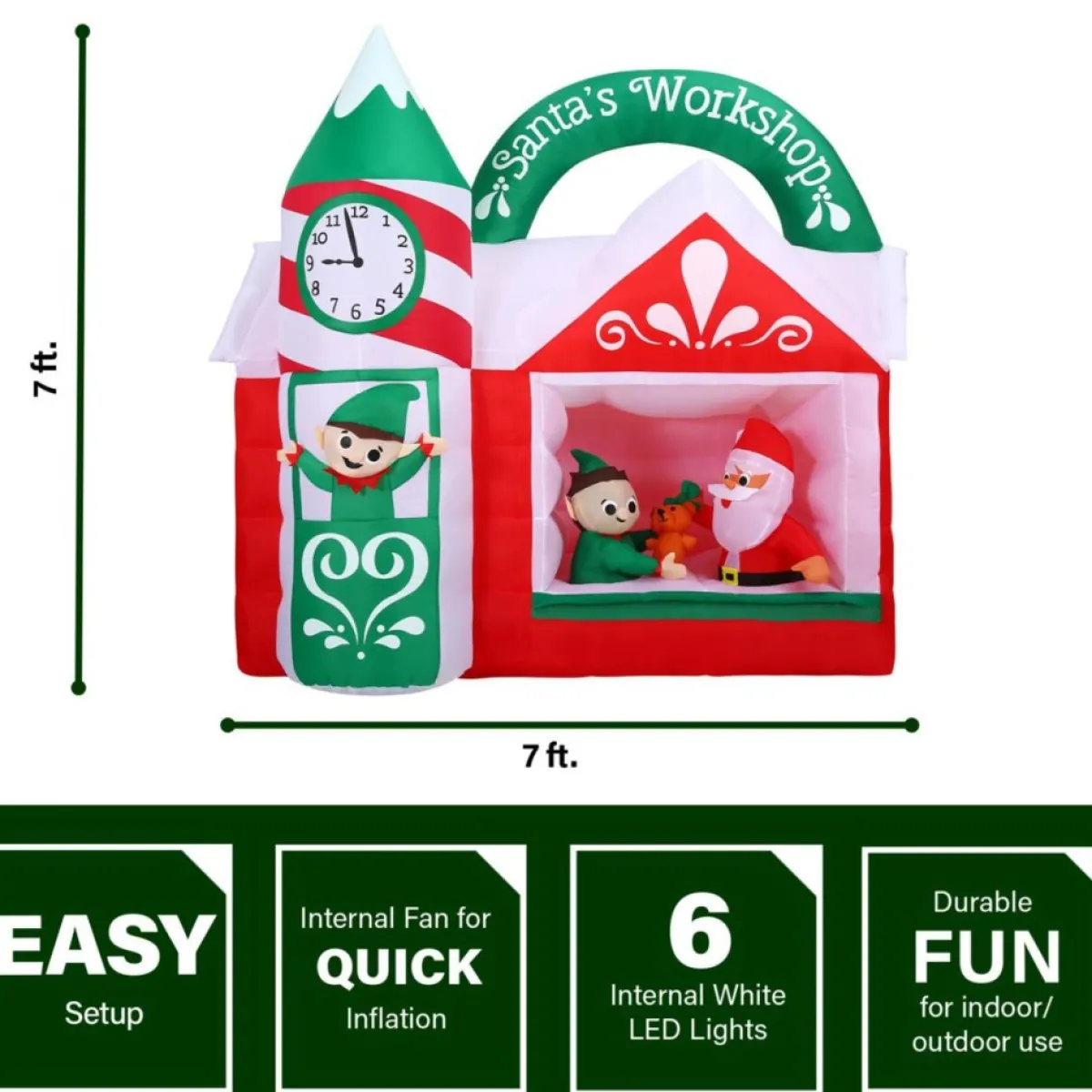Fraser Hill Farm Outdoor Decor | 7-Ft. Pre-Lit Inflatable Santa's Workshop