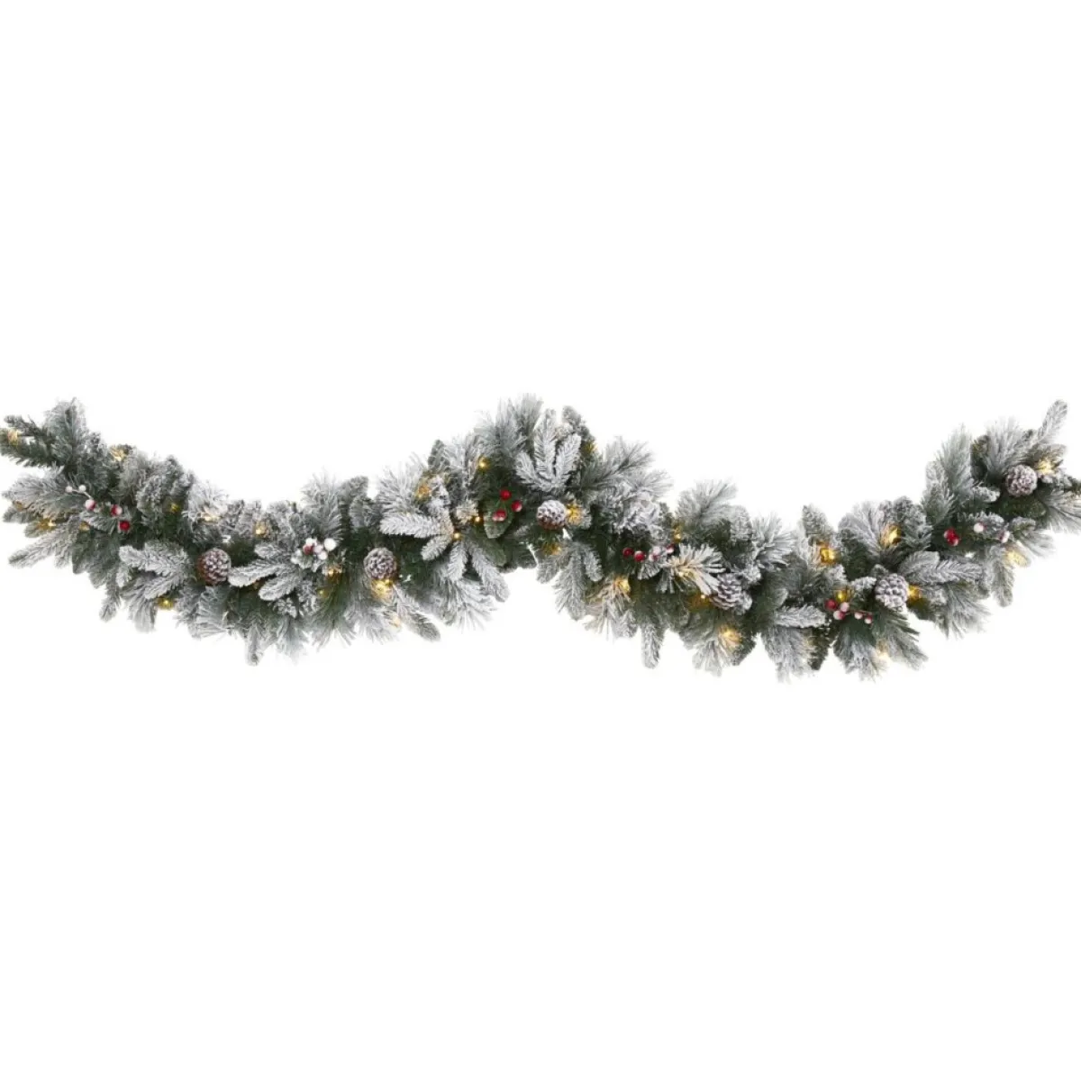 Nearly Natural Wreaths, Garlands & More | 6 Ft. Flocked Mixed Pine Artificial Christmas Garland With 50 Led Lights, Pine Cones And Berries