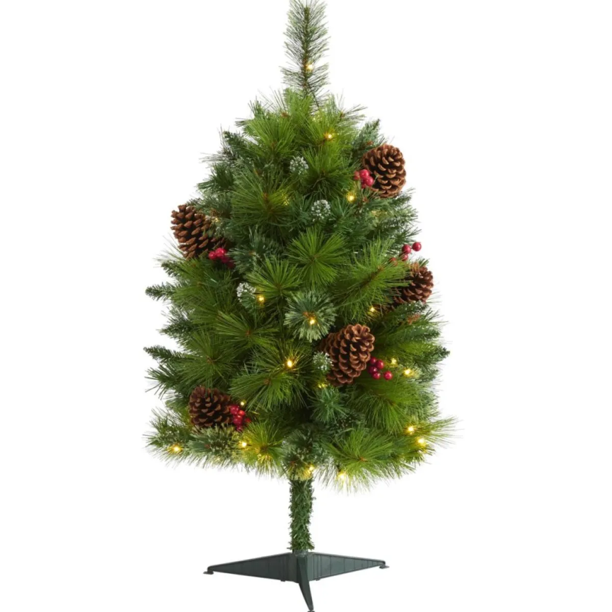 Nearly Natural Christmas Trees | 3 Ft. Montana Mixed Pine Artificial Christmas Tree With Pine Cones, Berries And 50 Clear Led Lights
