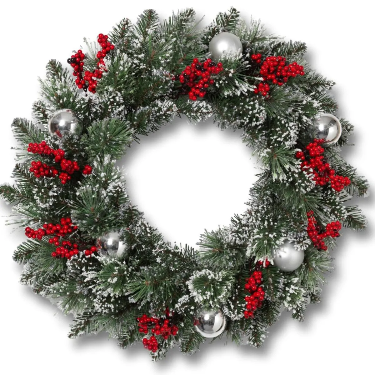 Gerson Wreaths, Garlands & More | International 24"H Snow/Glitter Pine Wreath W/ Balls & Berries