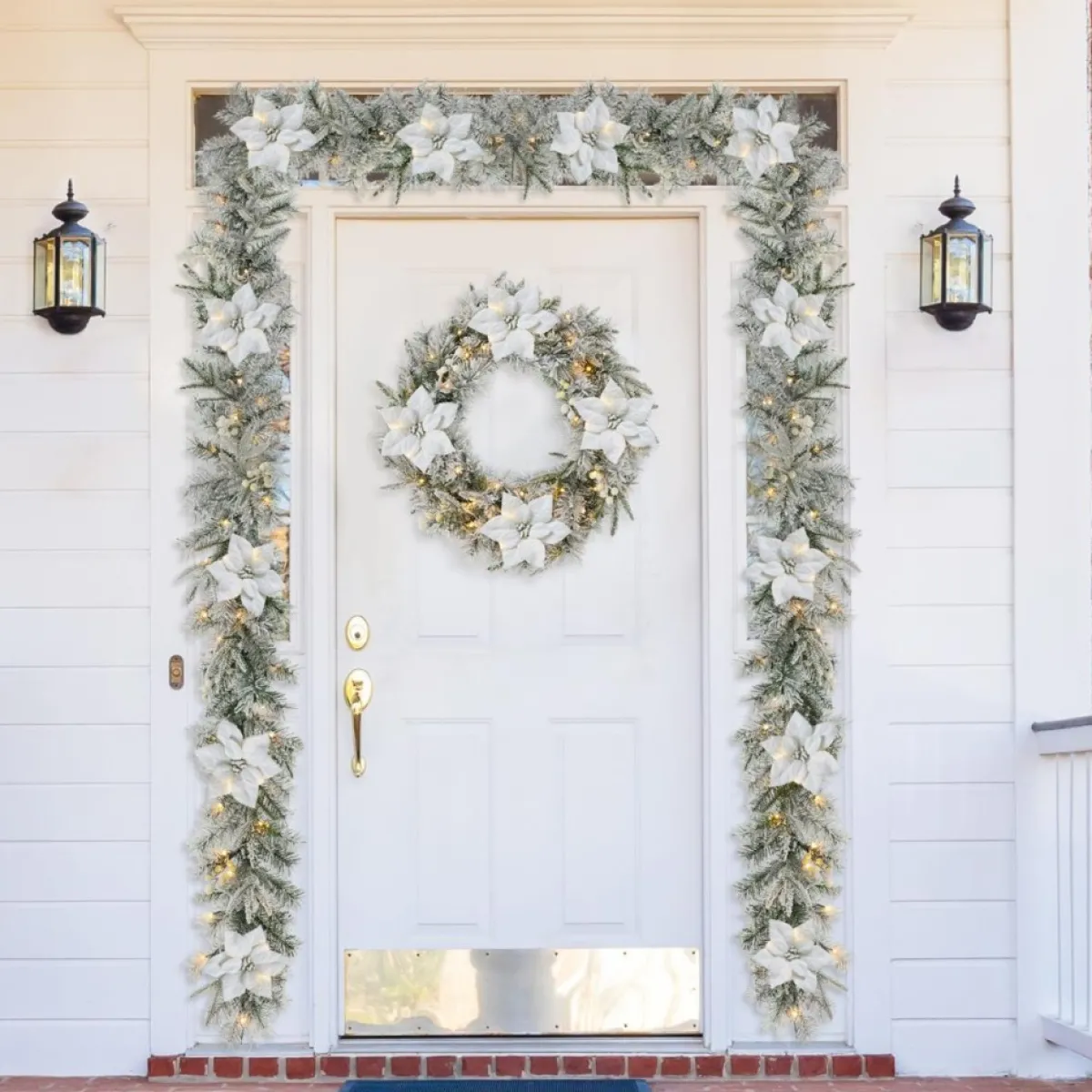 Glitzhome Wreaths, Garlands & More | 24" D Led Flocked Greenery Pine Poinsettia Christmas Wreath
