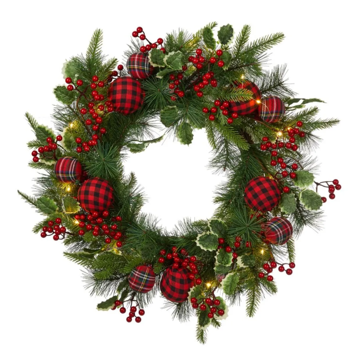 Glitzhome Wreaths, Garlands & More | 24" D Ornament Berry Holly Pine Wreath With Lights