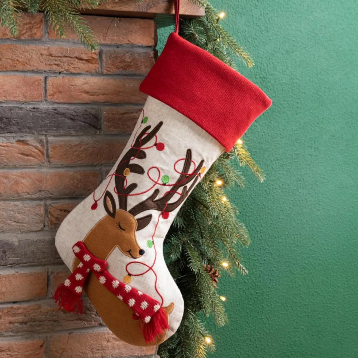 glitzhome__l_led_embroidered_linen_reindeer_christmas_stocking_3.webp Glitzhome Holiday Textiles | 21" L Led Embroidered Linen Reindeer Christmas Stocking