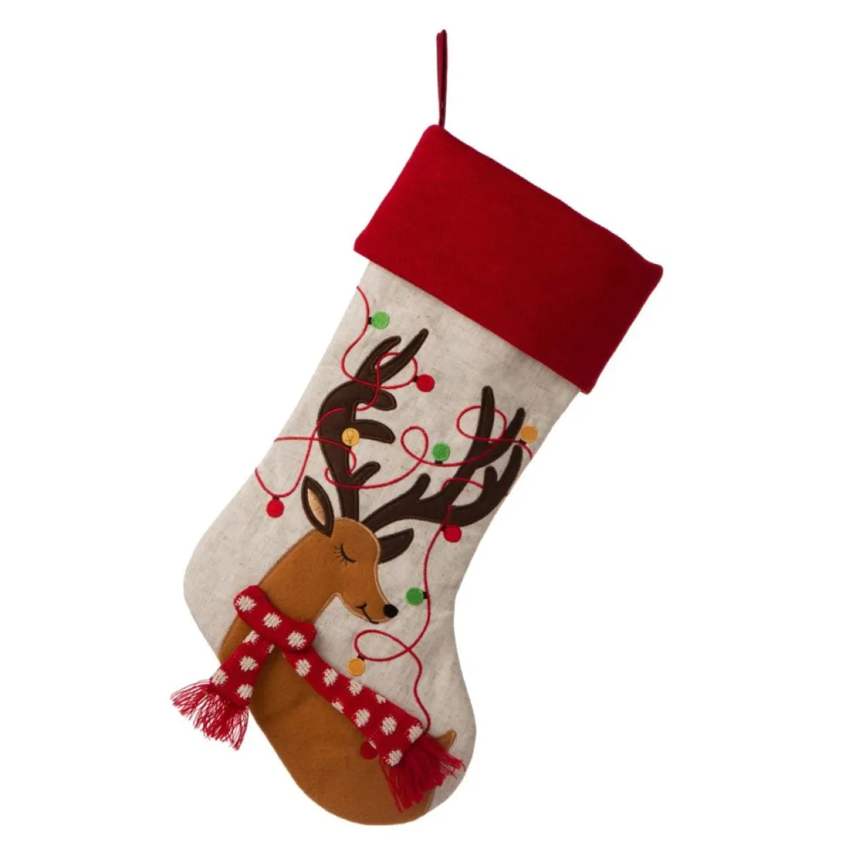 glitzhome__l_led_embroidered_linen_reindeer_christmas_stocking_4.webp Glitzhome Holiday Textiles | 21" L Led Embroidered Linen Reindeer Christmas Stocking
