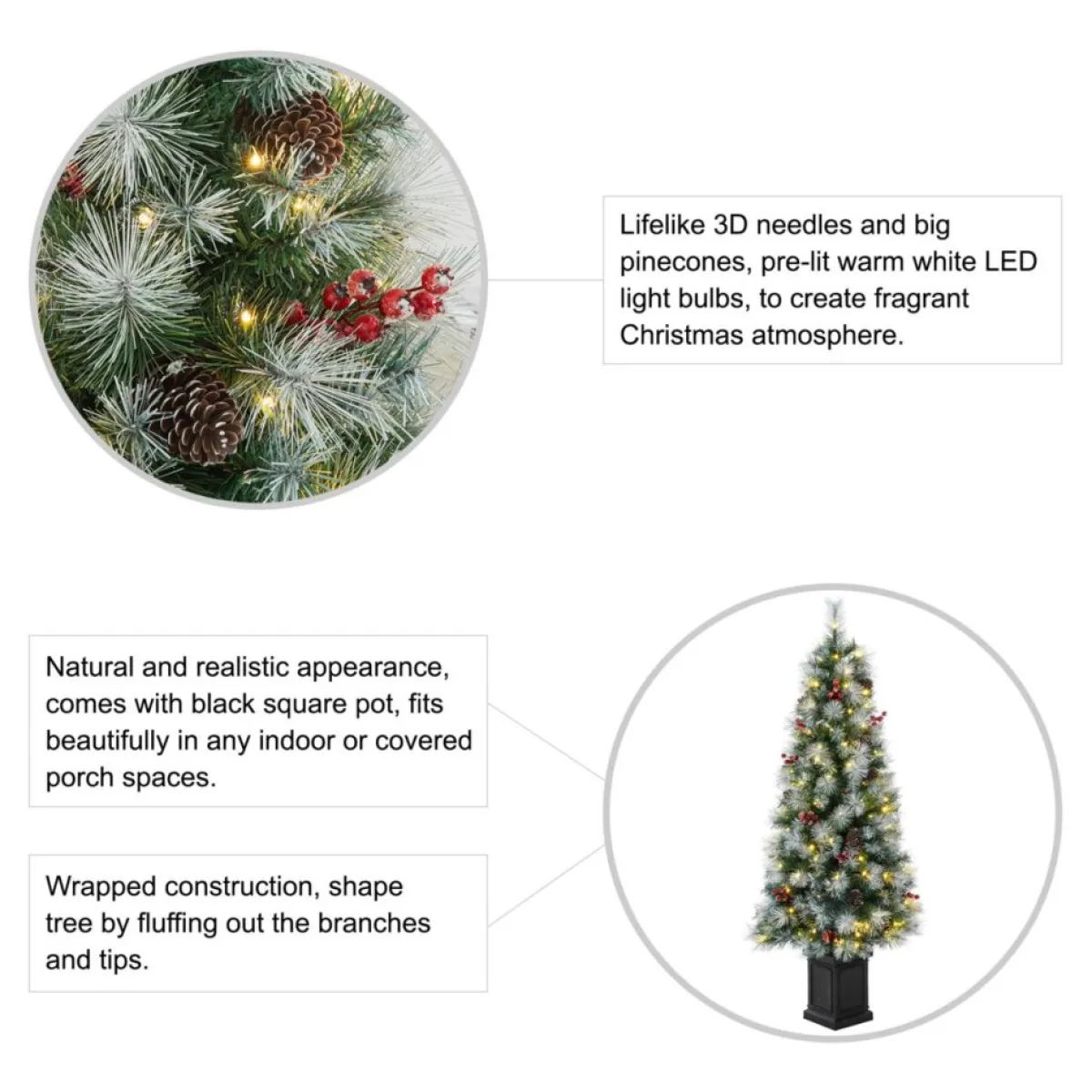 Glitzhome Christmas Trees | 5Ft Pre-Lit Artificial Christmas Porch Tree With Pinecones