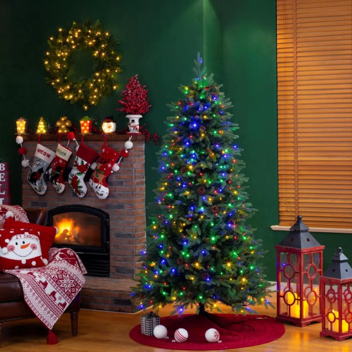 Glitzhome Christmas Trees | 7.5Ft Pre-Lit Green Fir Artificial Christmas Tree W/ 500 Led