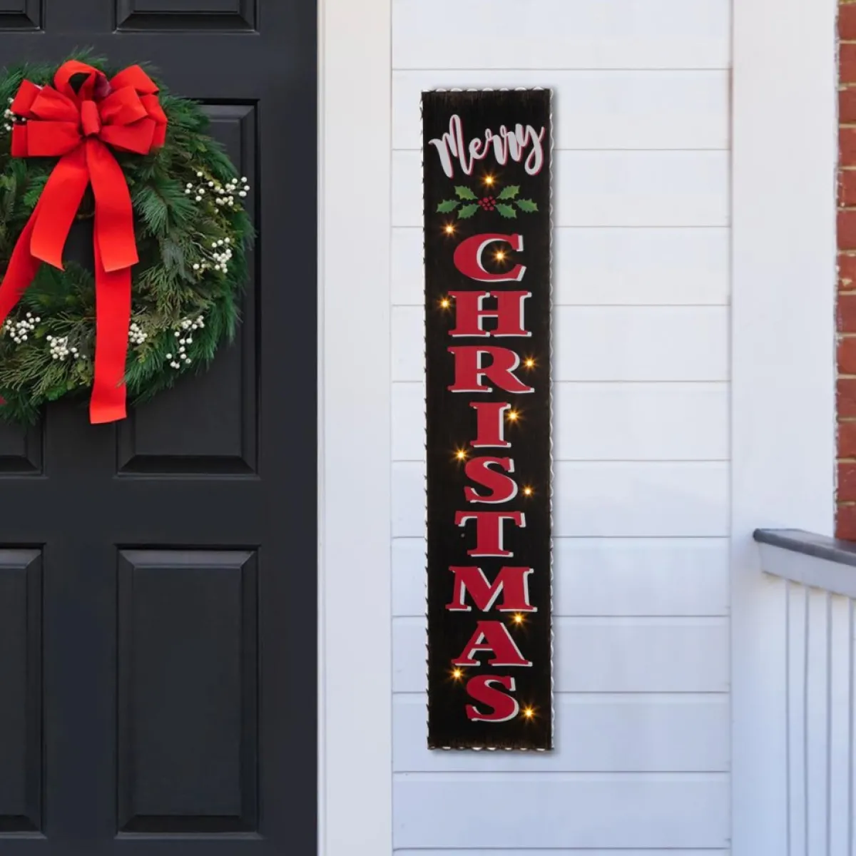 Glitzhome Outdoor Decor | 42"H Lighted Wooden Black Christmas Porch Sign