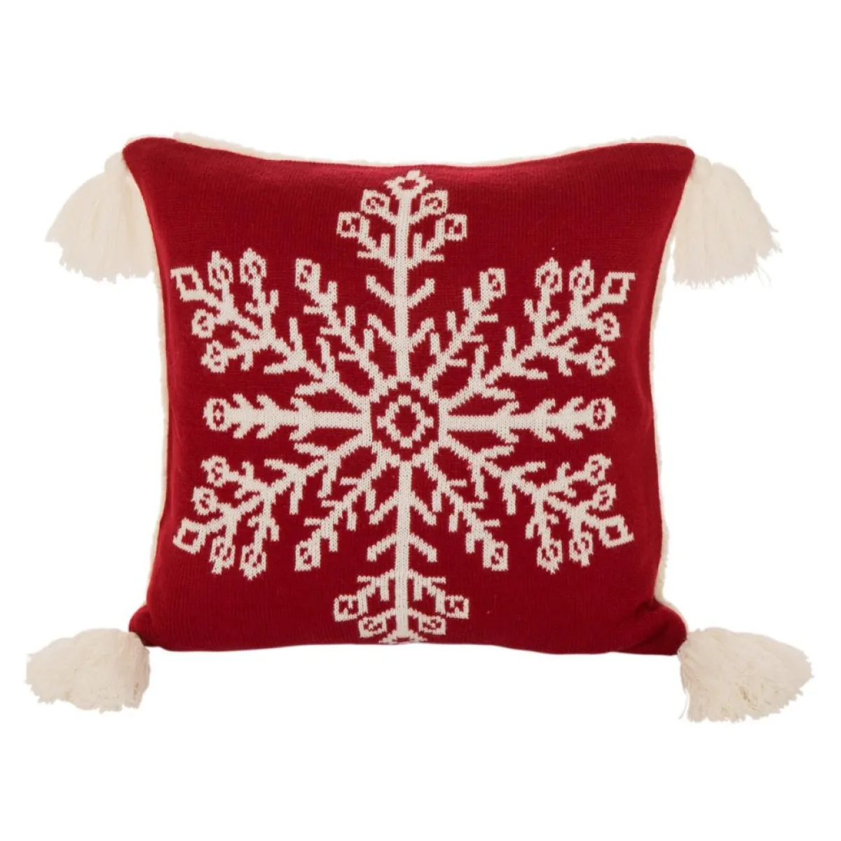 Glitzhome Holiday Textiles | 18In Knitted Snowflake Acrylic Red Pillow Cover With Tassels