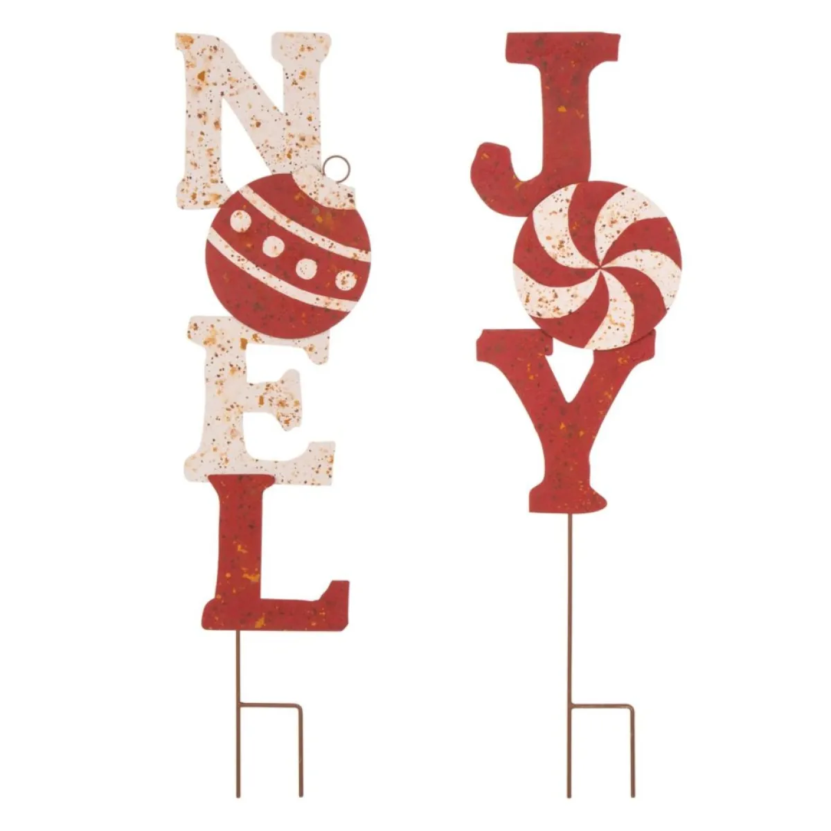 Glitzhome Outdoor Decor | Set Of 2 Rusty Metal Joy And Noel Yard Stake Or Wall Decor