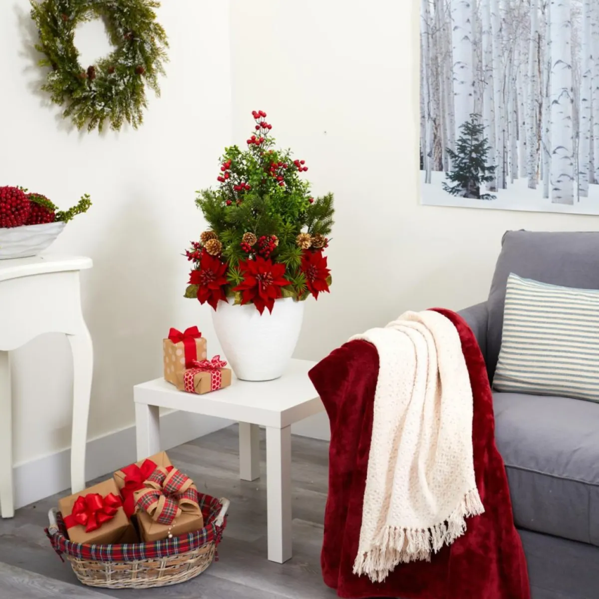 Nearly Natural Indoor Decor | 32 In. Poinsettia, Boxwood And Succulent Artificial Arrangement In White Vase