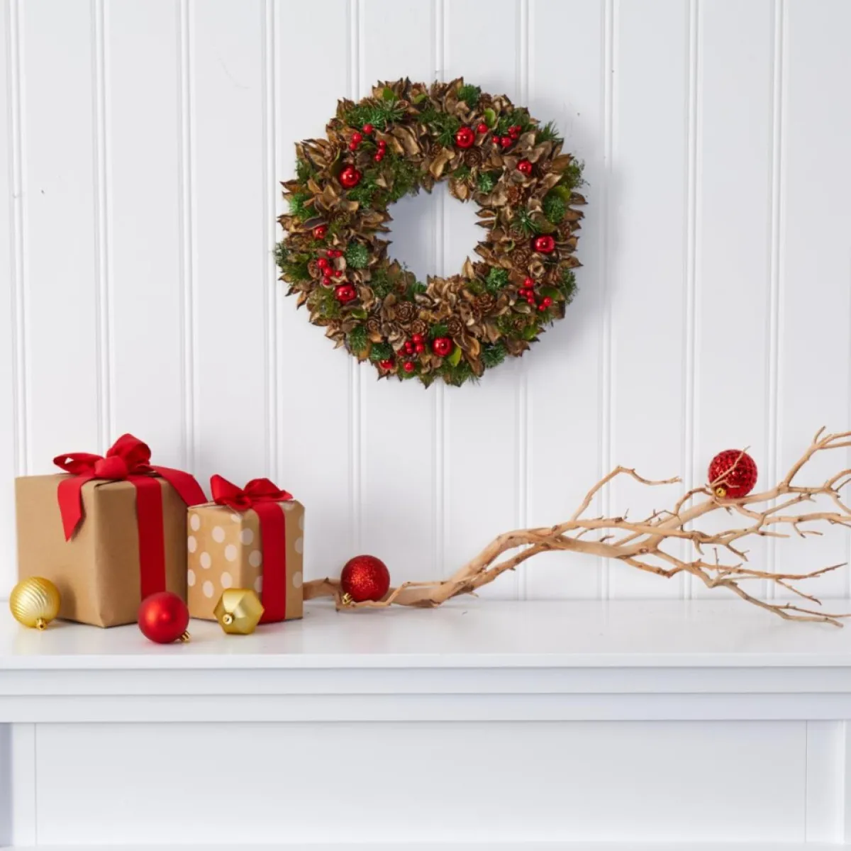 Nearly Natural Wreaths, Garlands & More | 15" Holiday Artificial Wreath W/Pinecones And Ornaments