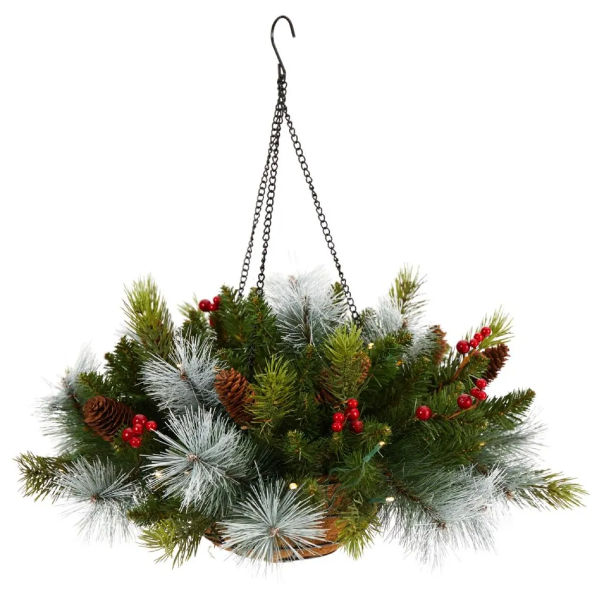 Nearly Natural Wreaths, Garlands & More | 24 In. Holiday Pre Lit Berries Christmas Hanging Basket