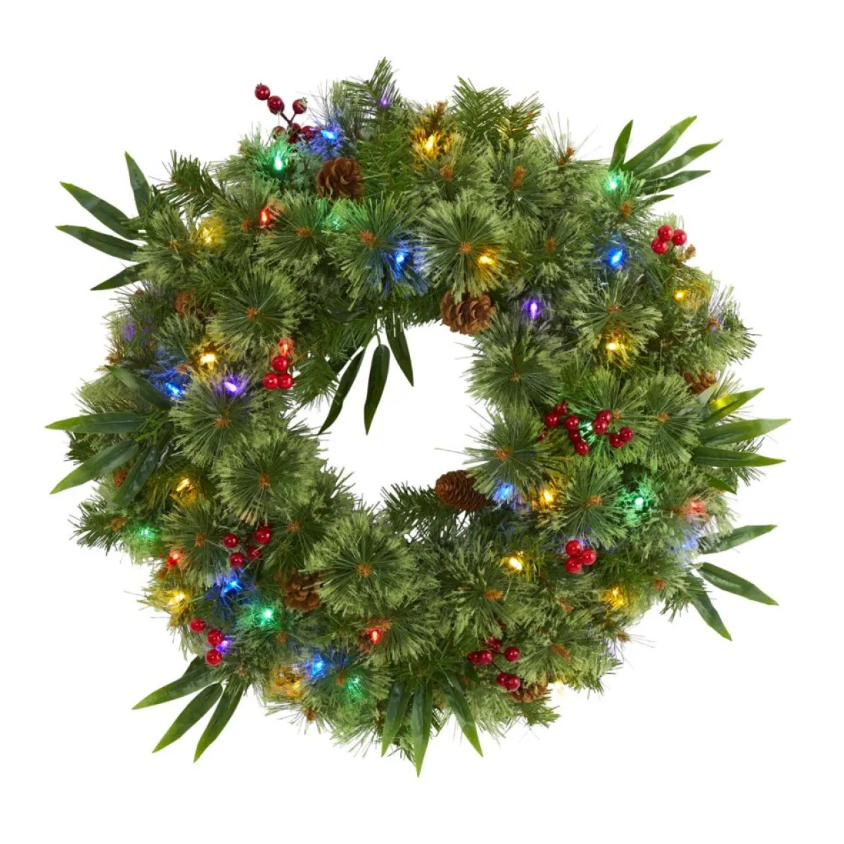 Nearly Natural Wreaths, Garlands & More | 24 In. Mixed Pine Christmas Wreath With Lights