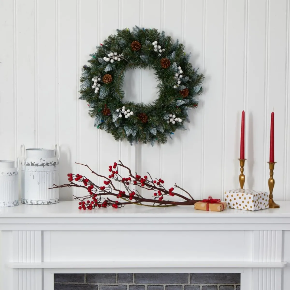 Nearly Natural Wreaths, Garlands & More | 24 In. Snow Tipped Christmas Wreath With 50 Lights