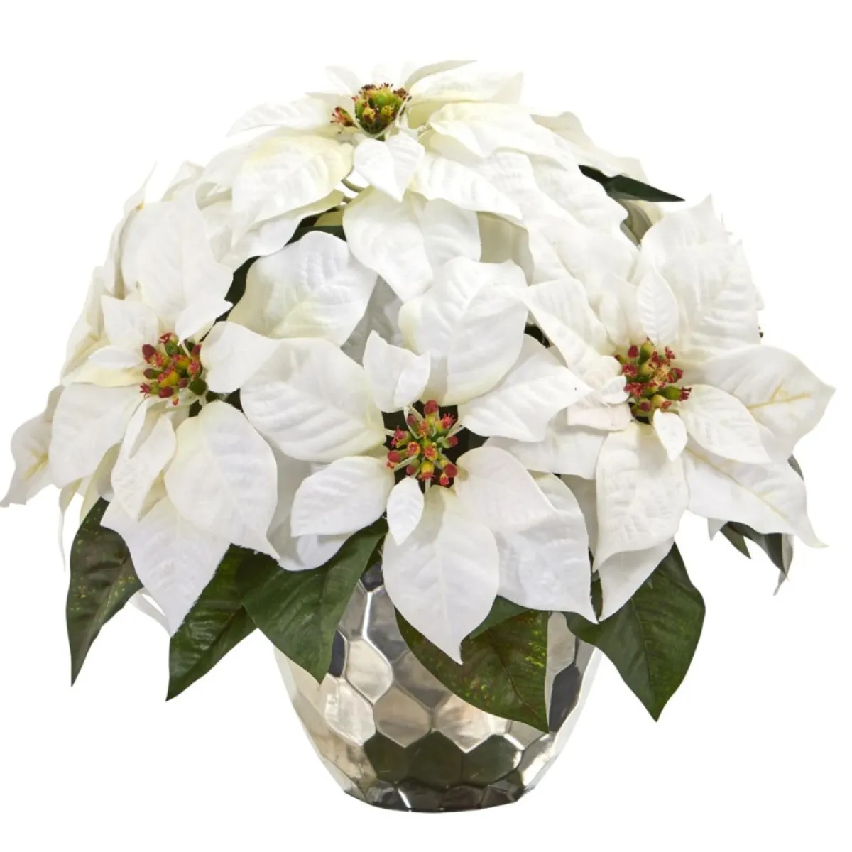 Nearly Natural Wreaths, Garlands & More | 14 In. White Poinsettia In Designer Silver Bowl
