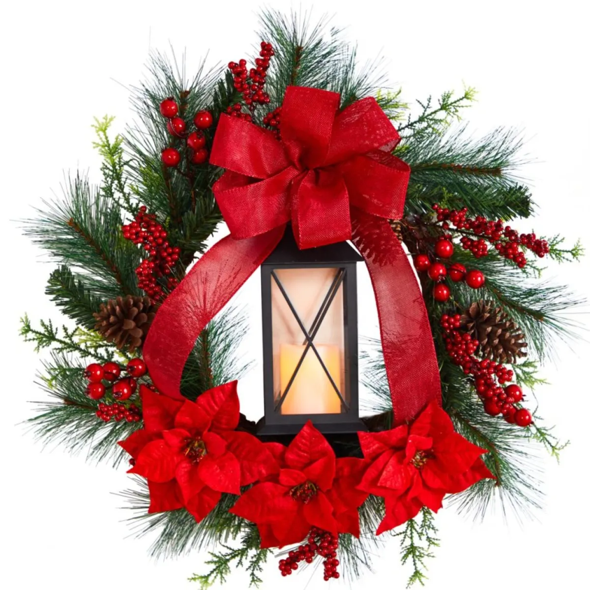 Nearly Natural Wreaths, Garlands & More | 28" Poinsettia & Berry Wreath With Lantern & Led Candle