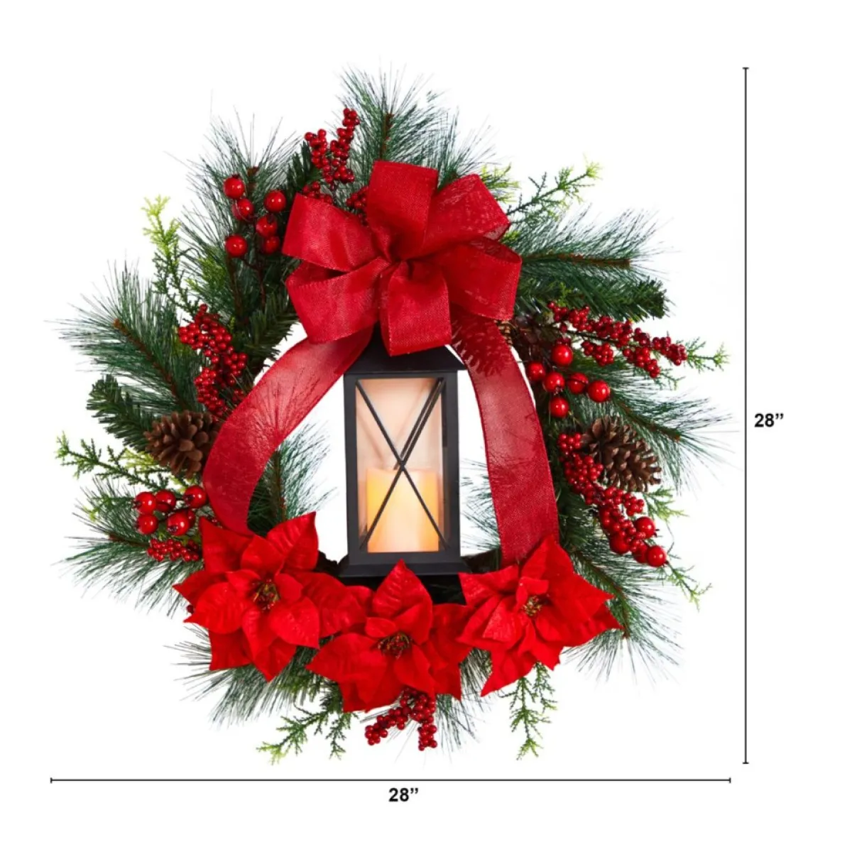 Nearly Natural Wreaths, Garlands & More | 28" Poinsettia & Berry Wreath With Lantern & Led Candle