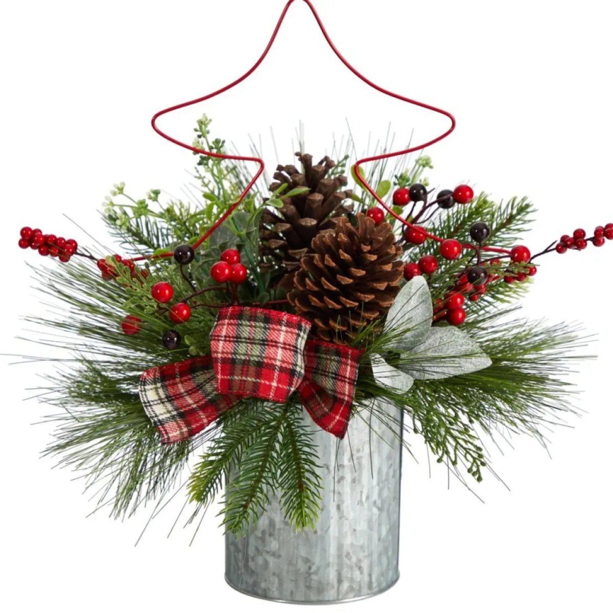 Nearly Natural Wreaths, Garlands & More | 17" Pinecone And Berries Christmas With Decorative Metal Vase