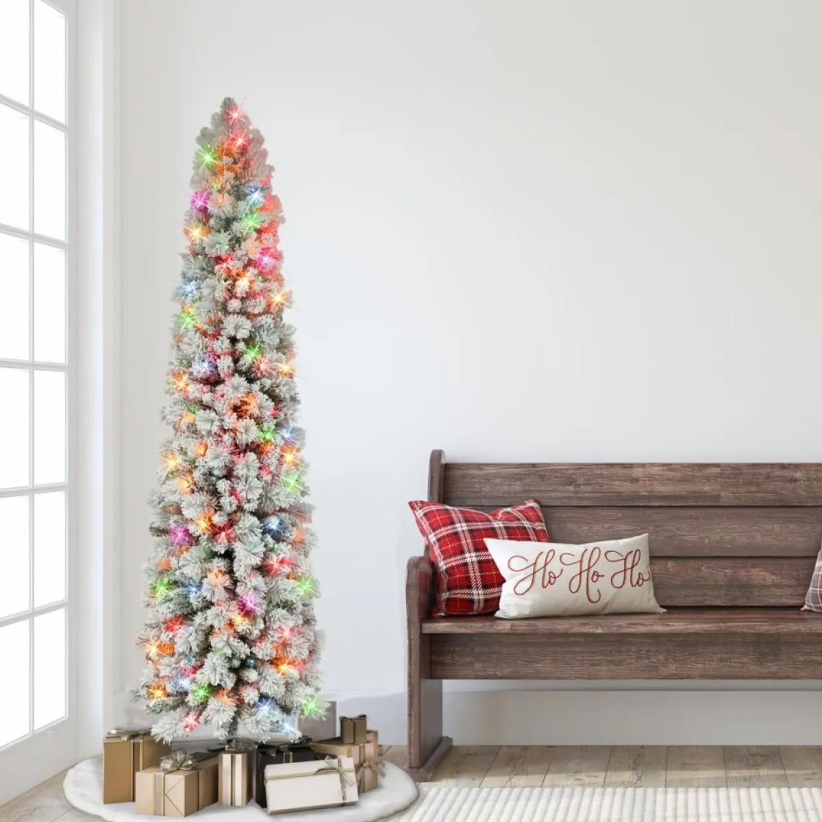 Puelo International Christmas Trees | Puleo International 6.5' Flocked Pine Pencil Tree W/ Multicolor Lights