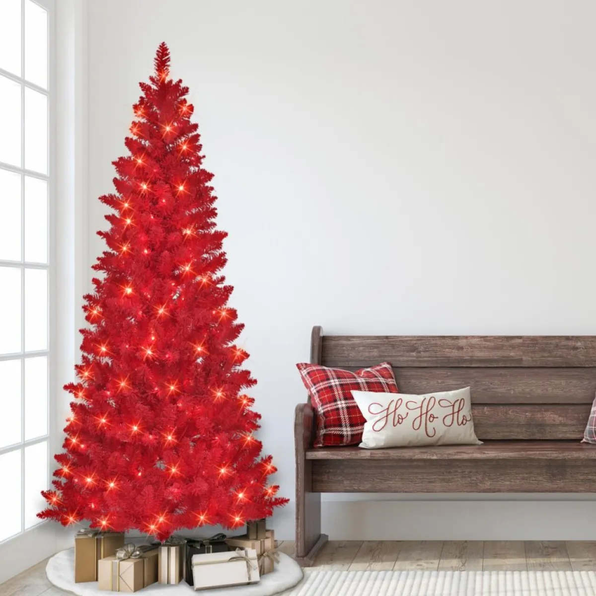 Puleo International Christmas Trees | 6.5' Pre-Lit Flocked Fashion Red Tree