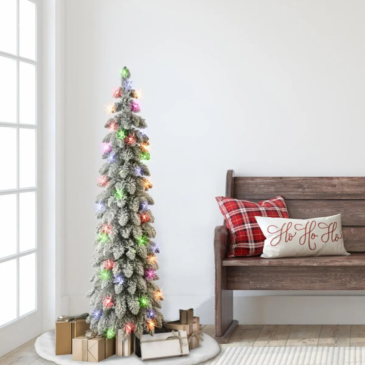 Puelo International Christmas Trees | Puleo International 4' Pre-Lit Multicolor Flocked Alpine Pencil Tree