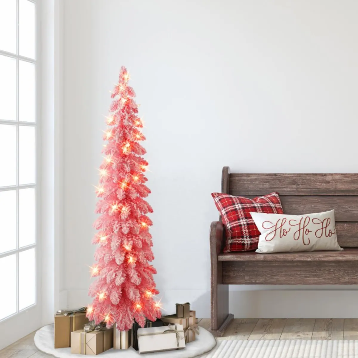 Puelo International Christmas Trees | Puleo International 4' Prelit Pink Flocked Pencil Tree 50 Clear Lights