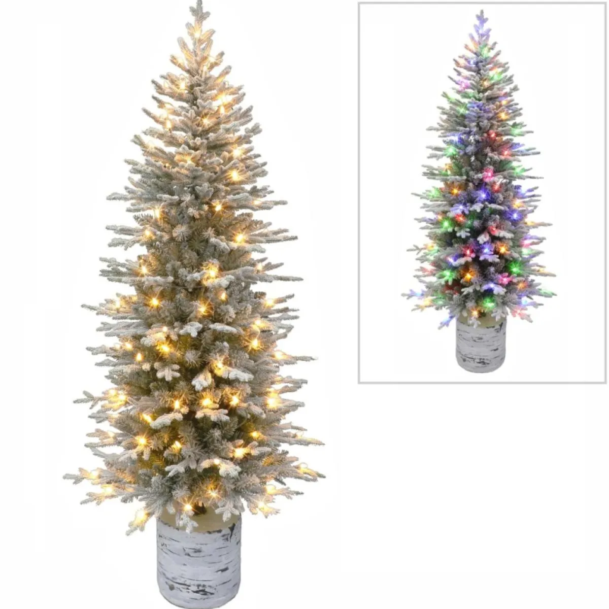 Puelo International Christmas Trees | Puleo International 6' Pre-Lit Potted Flocked Arctic Fir Pencil Tree