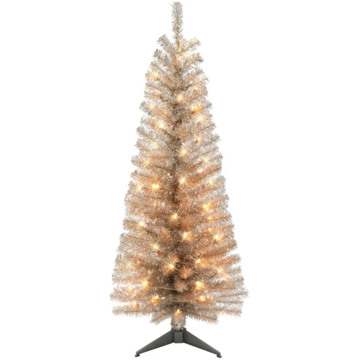 Puelo International Christmas Trees | Puleo International 4.5' Pre-Lit Rose Gold Tinsel Tree 70 Clear Lights
