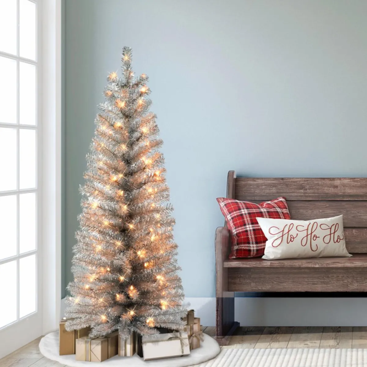 Puelo International Christmas Trees | Puleo International 4.5' Pre-Lit Silver Tinsel Tree