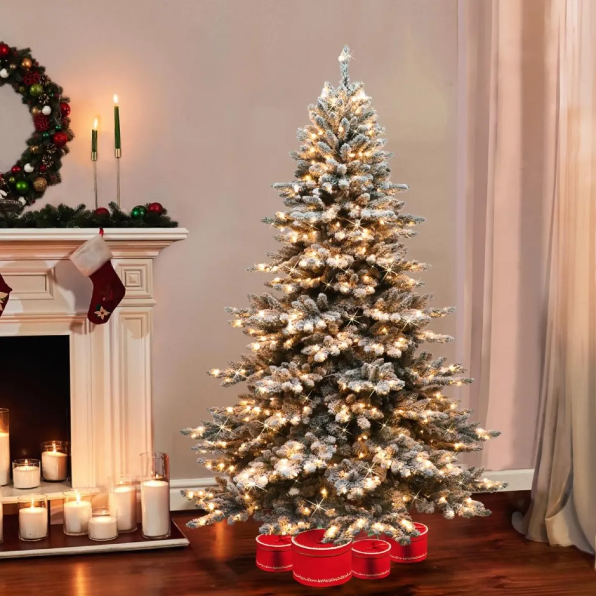 Puleo International Christmas Trees | Puleo Intl. 6.5' Pre-Lit Royal Majestic Spruce Green Tree Flocked Tree