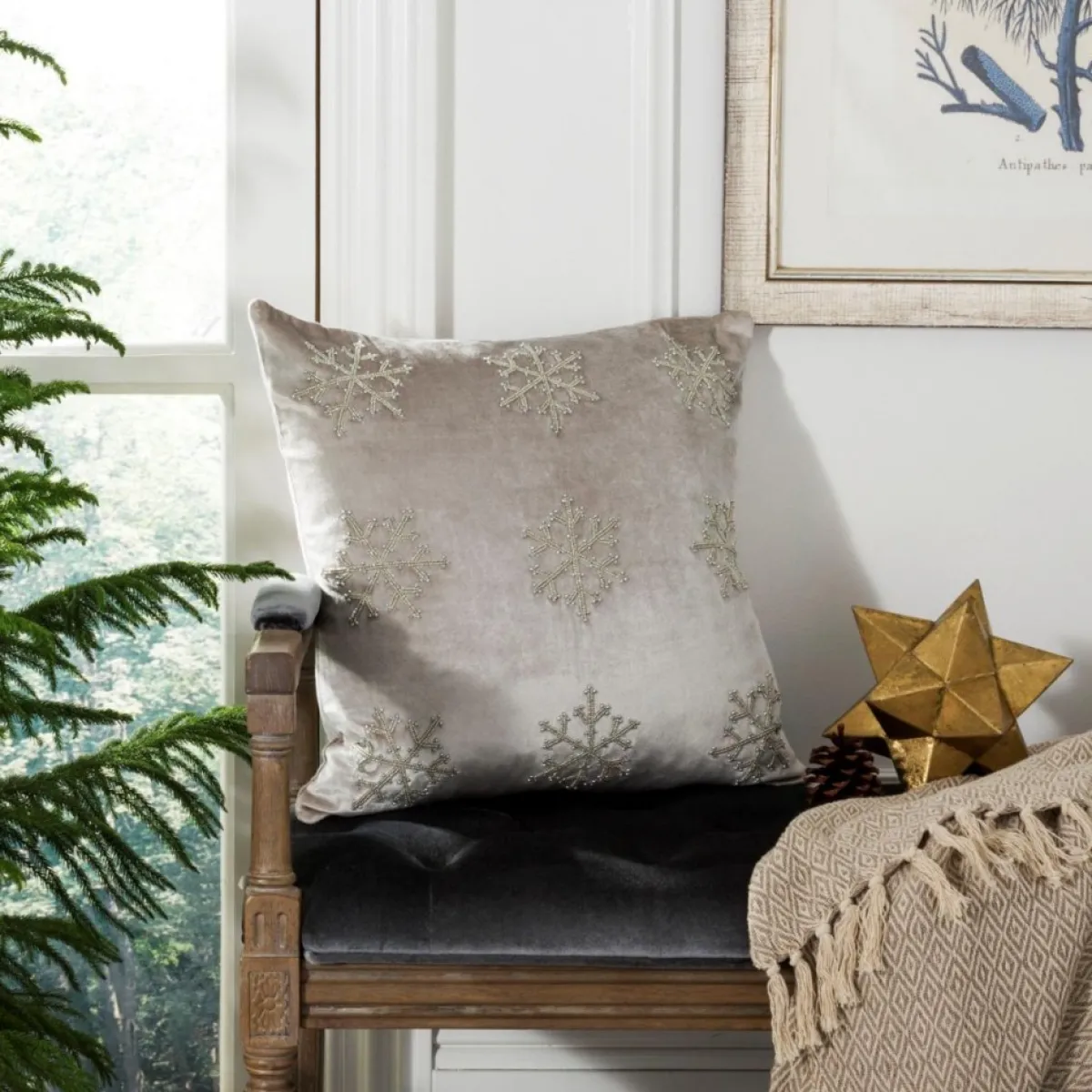safavieh_sydnee_snowflake__x__pillow_2.webp Safavieh Holiday Textiles | Sydnee Snowflake 20" X 20" Pillow