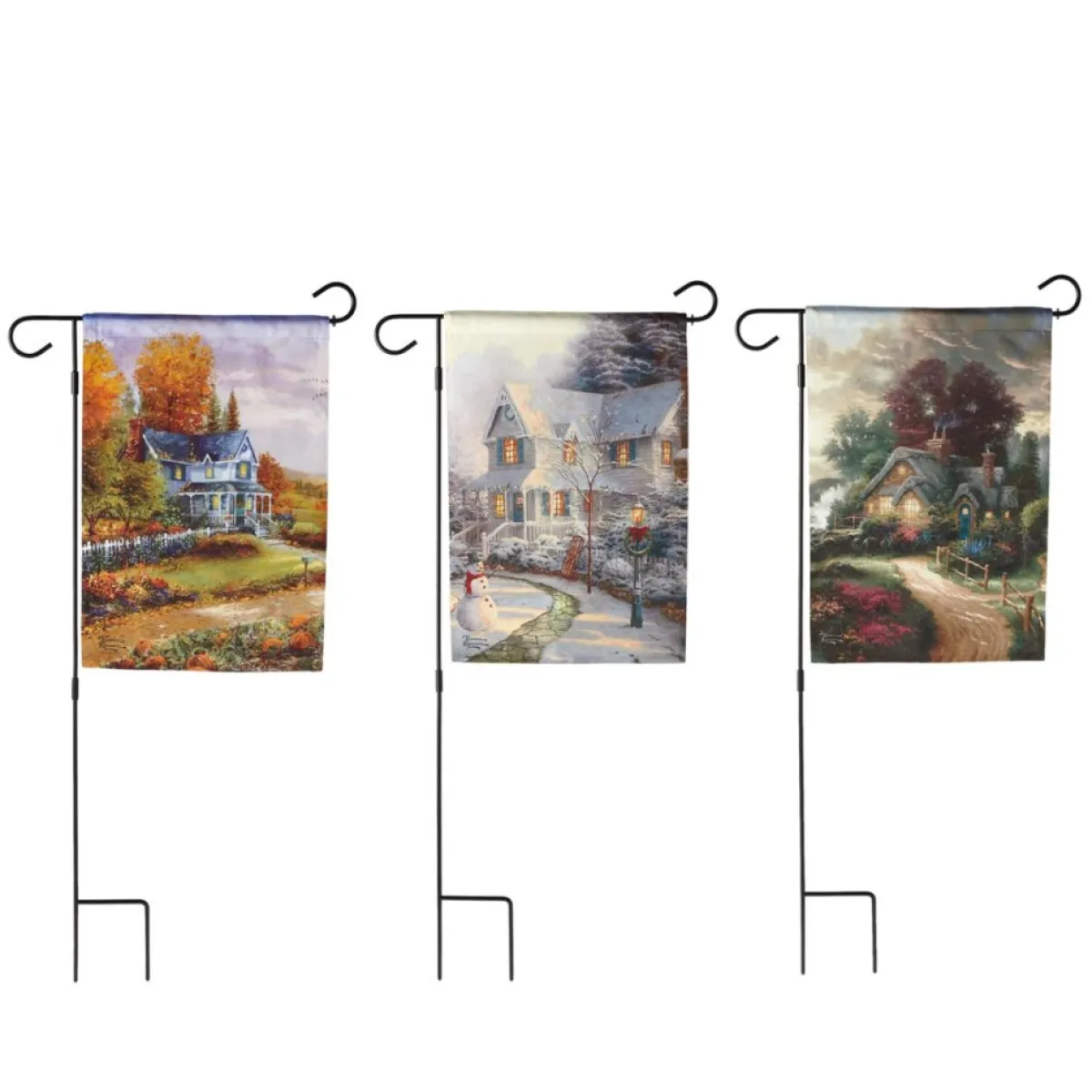 Thomas Kinkade Outdoor Decor | Set Of 3 Seasonal Garden Flags And Stand