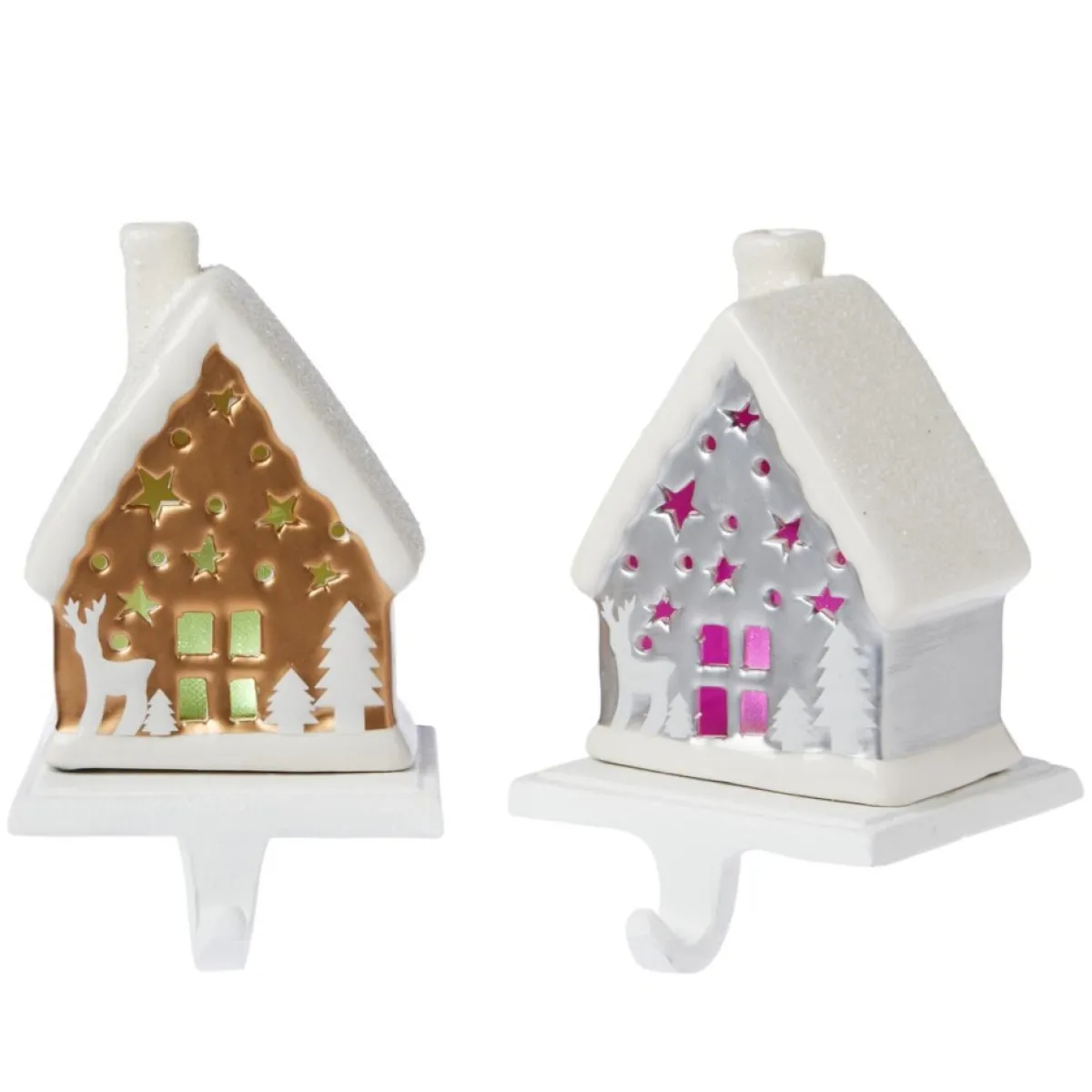 Winter Lane Indoor Decor | 2-Pack Handpainted 2-In-1 Removable House Stocking Holders