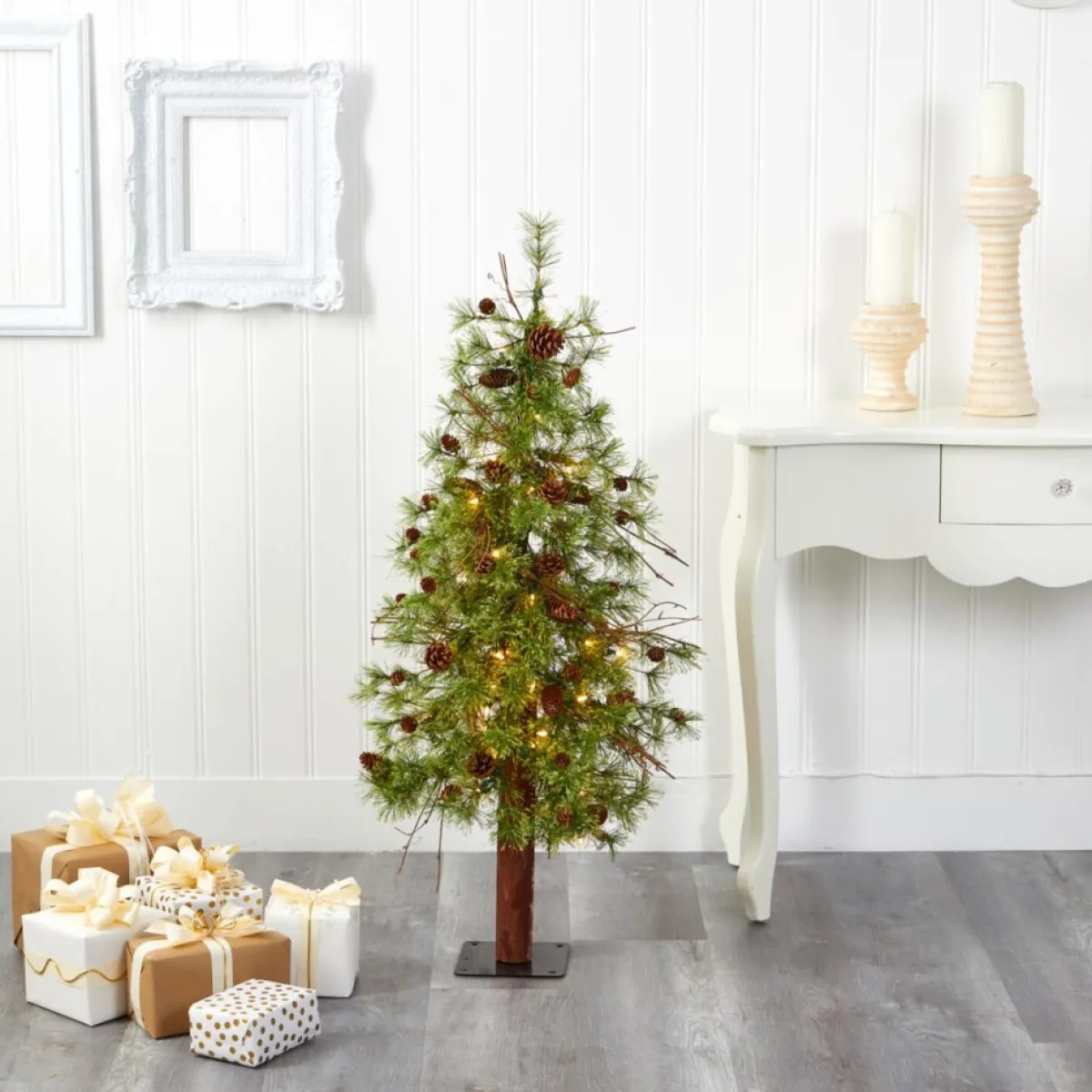 Nearly Natural Christmas Trees | 4' Wyoming Alpine Artificial Christmas Tree With 50 Clear Multifunction Led Lights And Pine Cones On